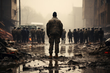 forward-looking photo symbolizing hope and resilience, with soldiers and residents standing together, inspirational photo