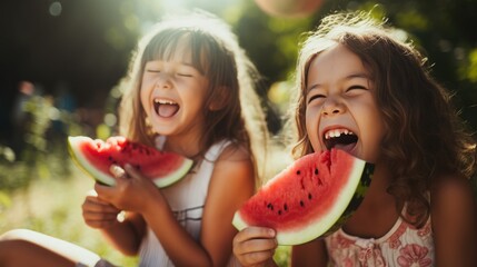 Portrait of two young girls enjoying a watermelon and laughing together.