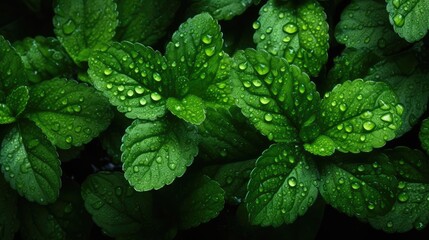 Green mint leaves with water drops background. Ecology natural concept.