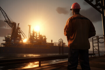 Oil rig worker observing oil Platform - 687466573