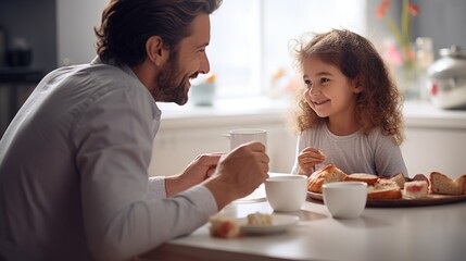 Handsome father with his little cute girl are having breakfast on kitchen. Happy Father's Day. - obrazy, fototapety, plakaty