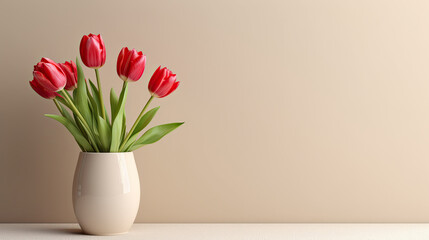 red tulips flower on vase with beige wall and copy space