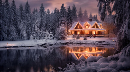 Fototapeta premium Magical Winter Wonderland in the Mountains Snowfall Christmas Time and Advent in the Evening and in the Morning Calm and Bright Wallpaper Background Cover Poster Greetings Card Digital Art