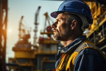 Oil rig worker observing oil Platform - 687466947