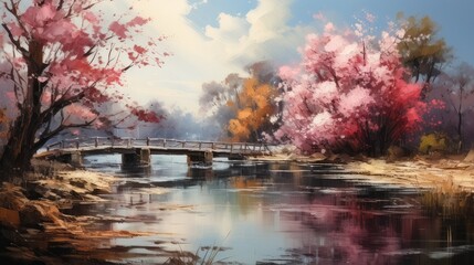 Vintage Shaded Oil Painting. Abstract Textured Drawing of a Garden Overlooking a Lake with Wooden Bridges, Pink Flowers, and Trees