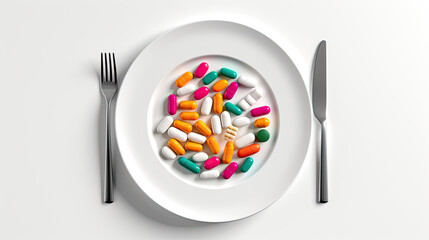 top view pills on a white plate and fork spoon