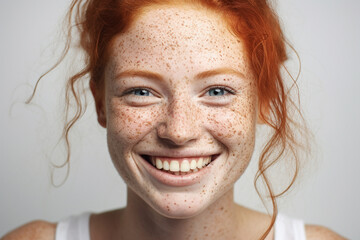 A captivating portrait of a young and beautiful woman with vibrant red hair and natural freckles, exuding charisma as she gazes into the camera. Generative AI. - obrazy, fototapety, plakaty