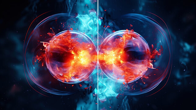 Subatomic proton particle collision. Nuclear fusion concept. Generative AI