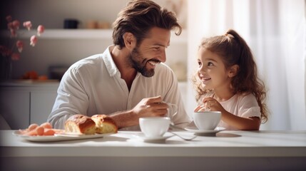Handsome father with his little cute girl are having breakfast on kitchen. Happy Father's Day.
