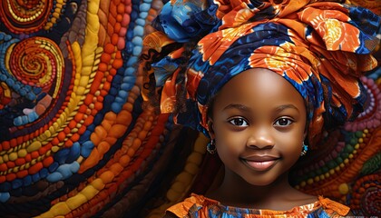 African young girl wearing flower print fabric head wrap, tribal design kid fashion vibe, Generative Ai - obrazy, fototapety, plakaty