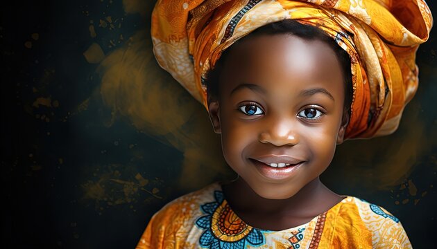 African young girl wearing flower print fabric head wrap, tribal design kid fashion vibe, Generative Ai