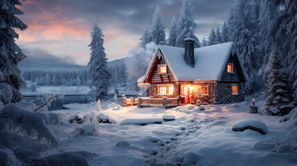 Fototapeta premium Magical Winter Wonderland in the Mountains Snowfall Christmas Time and Advent in the Evening and in the Morning Calm and Bright Wallpaper Background Cover Poster Greetings Card Digital Art