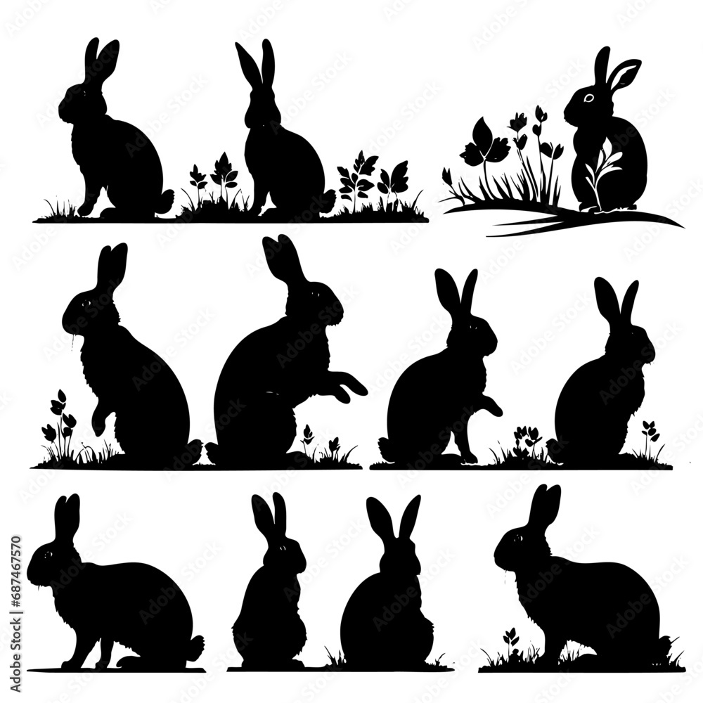 Wall mural Various silhouettes easter bunnies isolated on white background. Set different rabbit silhouettes for design use.