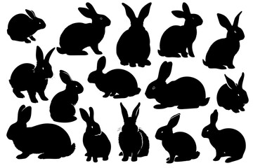 Isolated rabbit on white background, set of different rabbit silhouettes for design use. - obrazy, fototapety, plakaty