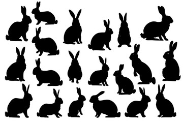 Various silhouettes easter bunnies isolated on white background. Set different rabbit silhouettes for design use. - obrazy, fototapety, plakaty