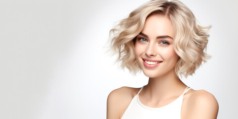 Naklejka premium Portrait of young happy woman with blond bob hairstyle. Skin care beauty, skincare cosmetics, dental concept, isolated over white background.