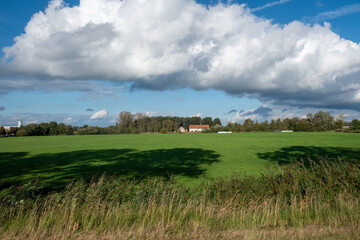 Fototapeta na wymiar A vibrant image portraying the vastness of a green field under a dynamic sky filled with cumulus clouds. The shadows of the clouds add depth to the scene, while a distant farmhouse and trees hint at