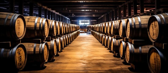 Wine Barrels Stacked in Cellar - obrazy, fototapety, plakaty
