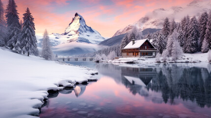 Fototapeta premium Magical Winter Wonderland in the Mountains Snowfall Christmas Time and Advent in the Evening and in the Morning Calm and Bright Wallpaper Background Cover Poster Greetings Card Digital Art