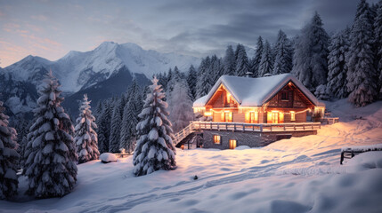 Magical Winter Wonderland in the Mountains Snowfall Christmas Time and Advent in the Evening and in the Morning Calm and Bright Wallpaper Background Cover Poster Greetings Card Digital Art