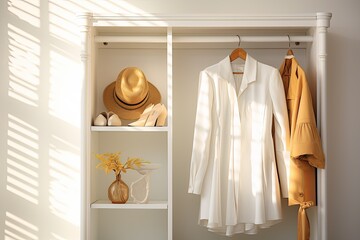 open white wardrobe with clothes hanging on the shelves
