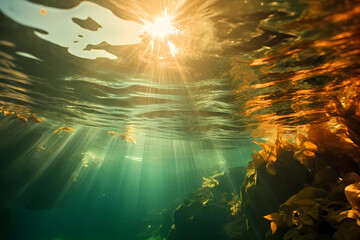 The sun shines above the water under the water