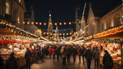 An abstract scene of a bustling Christmas market with vendors' stalls illuminated by bokeh lights, evoking a nostalgic and cheerful holiday spirit.