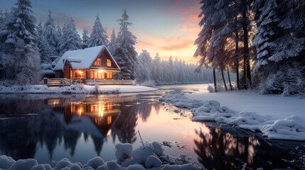 Fototapeta premium Magical Winter Wonderland in the Mountains Snowfall Christmas Time and Advent in the Evening and in the Morning Calm and Bright Wallpaper Background Cover Poster Greetings Card Digital Art