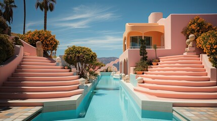 Fototapeta na wymiar the pastel colored house with pool, american urban life,