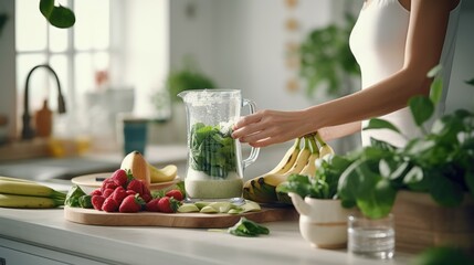 Healthy woman blending spinach, berries, bananas and almond milk to make a healthy green smoothie on kitchen.