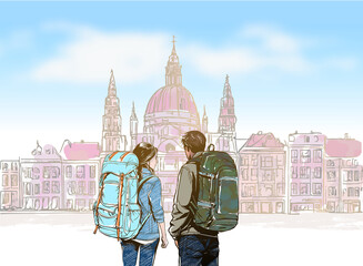 side view of a young couple carrying large backpacks while visiting European landmarks, with classical buildings in pastel colors in the background, conveying a romantic atmosphere, hand drawn 
