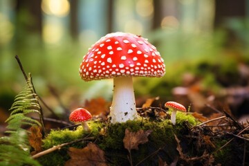 red poison mushroom in the forest - obrazy, fototapety, plakaty
