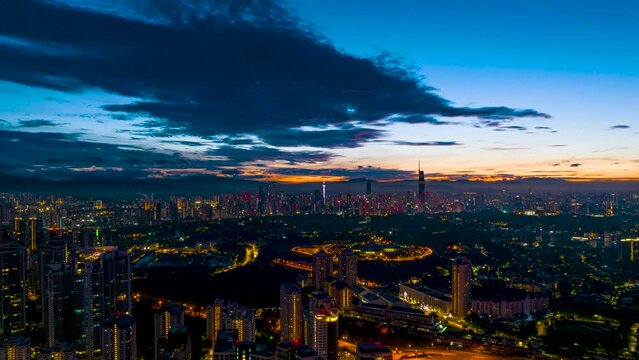 an aerial establish hyper lapse shots on the tallest Skyscrapper in Kuala Lumpur during sunrise with cloud marching	