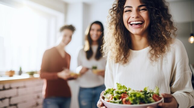 Young Woman Is Laughing With Her Friends At Party As She Holding Bowl A Salad On White Kitchen.