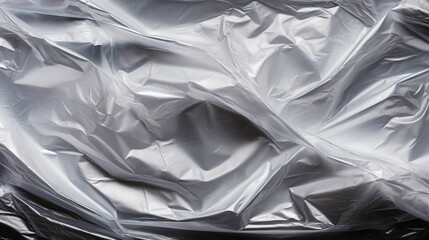 Transparent wrinkled plastic wrap on black background. Crumpled dark thin plastic backdrop. Generative AI