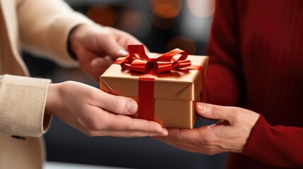 Close-up view of hands of woman giving red gift box tied to bow handed to man. Giving gifts during the Christmas, celebrating happy birthday or marriage anniversary, international women s day.