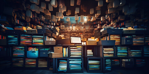 Smart Office Library Background.Bookshelves and Folders in an Intelligent Office.AI Generative 