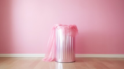 pink organza material thrown in a metallic pink rubbish bin