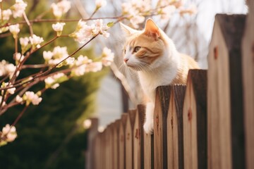 cat exploring the garden by the fence, looking at cherry blossoms
