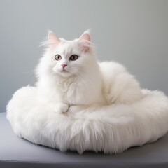 fluffy white cat sitting on white catbed, grey background