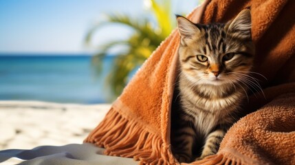 tabby cat under an orange beach towel on a tropical island in the sun with sea in background