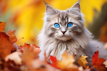 long haired tabby cat with blue eyes against yellow autumn background, fall leaves