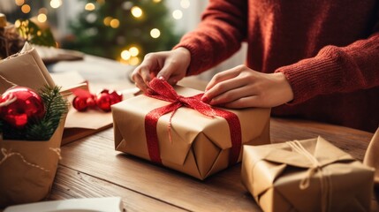 Young woman making gift wrapping packaging with red thread on a wooden table. Packaging and preparation of gifts for the celebration.