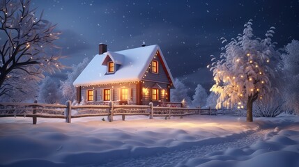 Wooden house in winter forest at night