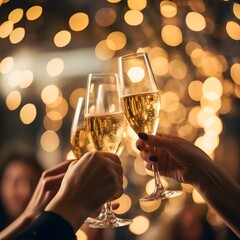 Close up of people toasting with christmas champagne glasse