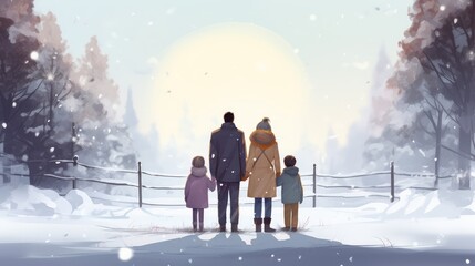 Happy family walking in winter forest. Winter season background.