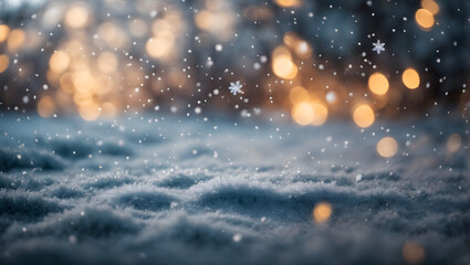 An abstract winter scene with snowflakes and bokeh lights dancing in the air, evoking a cozy and nostalgic Christmas atmosphere.