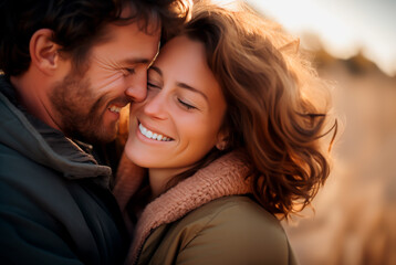Joyful couple hugging outdoors at sunset, genuine smiles.

