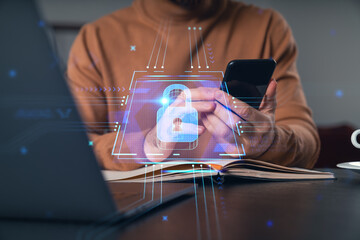 Man read text send holding using smartphone. Typing at office workplace with notebook. Concept of distant work, business education. Security info, datum protection, lock