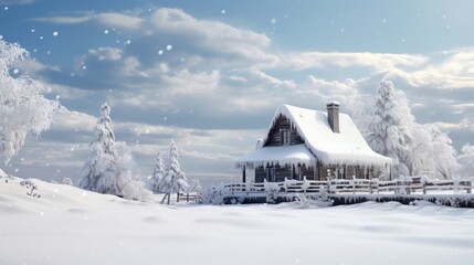 Beautiful Winter landscape with house snowfall
